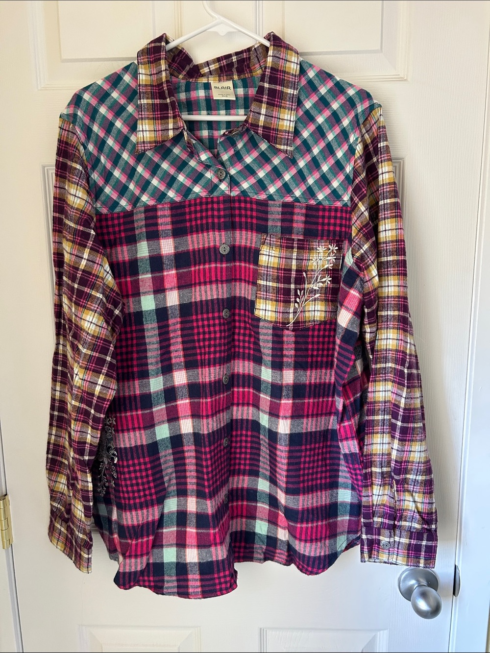 Blair Mixed-Plaid Button-Down Shirt in Pink, Teal and Purple